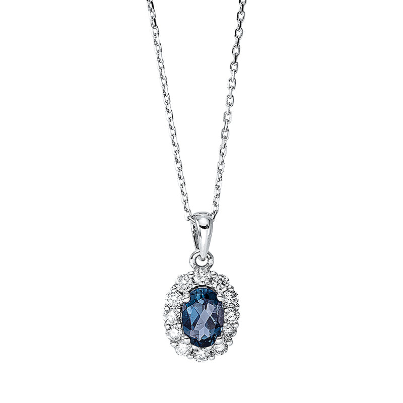 Collier 18 kt WG, mit ZÖ 40 cm + 42 cm, 6 Brill. 0,14 ct, TW-si, 6 Brill. 0,11 ct, TW-si, 1 Topas 0,58 ct Lond. blue