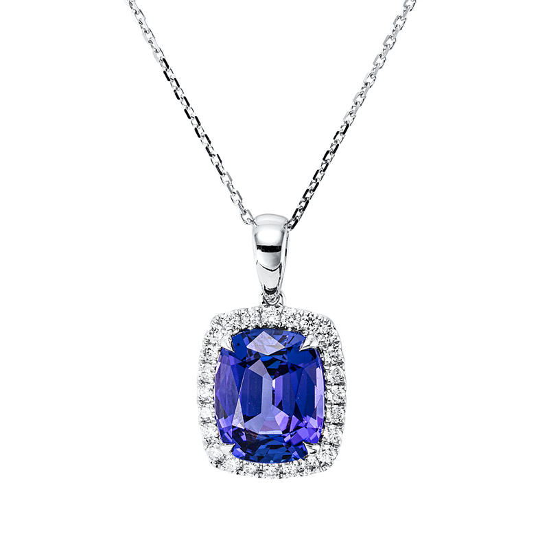 Collier 18 kt WG, mit ZÖ 40,5 cm + 43 cm, 24 Brill. 0,30 ct, TW-si, 1 Tansanit 4,54 ct blau