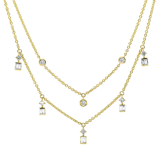 Collier 18 kt GG, mit ZÖ 40 cm + 43 cm, 2 Brill. 0,11 ct, TW-si, 1 Brill. 0,06 ct, TW-si, 10 Bag. 0,24 ct, TW-si, 5 Brill. 0,17 ct, TW-si