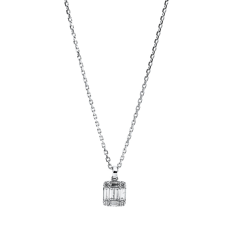 Collier 18 kt WG, mit ZÖ 40 cm + 43 cm, 6 Bag. 0,30 ct, TW-si, 4 Brill. 0,05 ct, TW-si