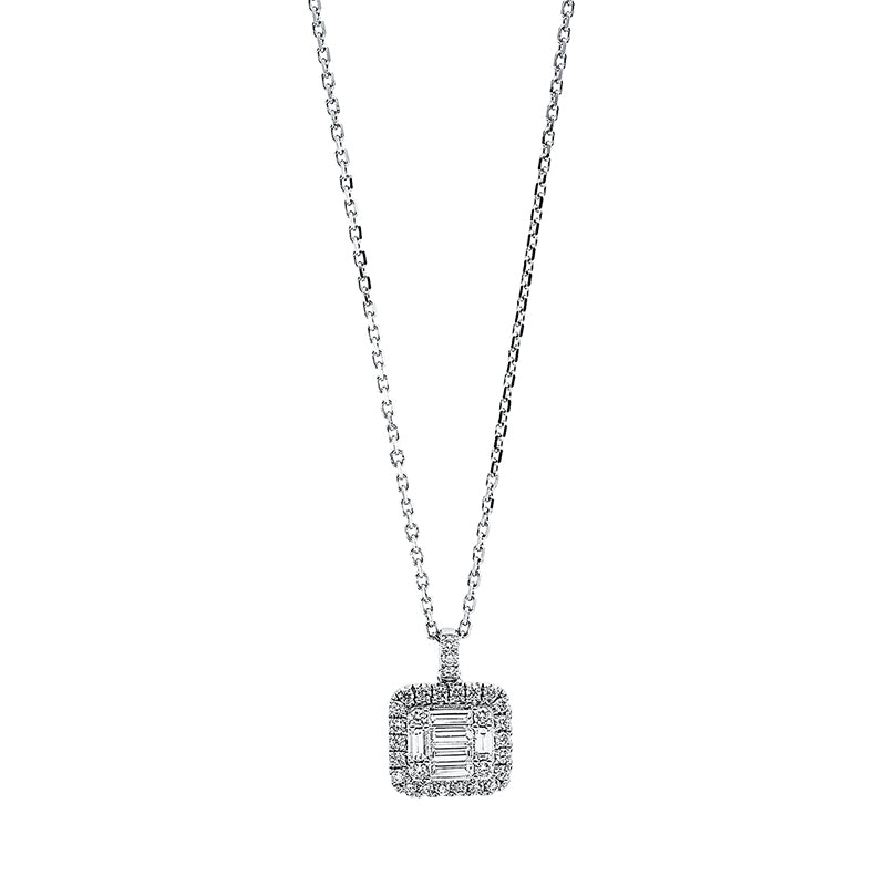 Collier 18 kt WG, mit ZÖ 40 cm + 43 cm, 4 Brill. 0,05 ct, TW-si, 6 Bag. 0,30 ct, TW-si, 25 Brill. 0,19 ct, TW-si