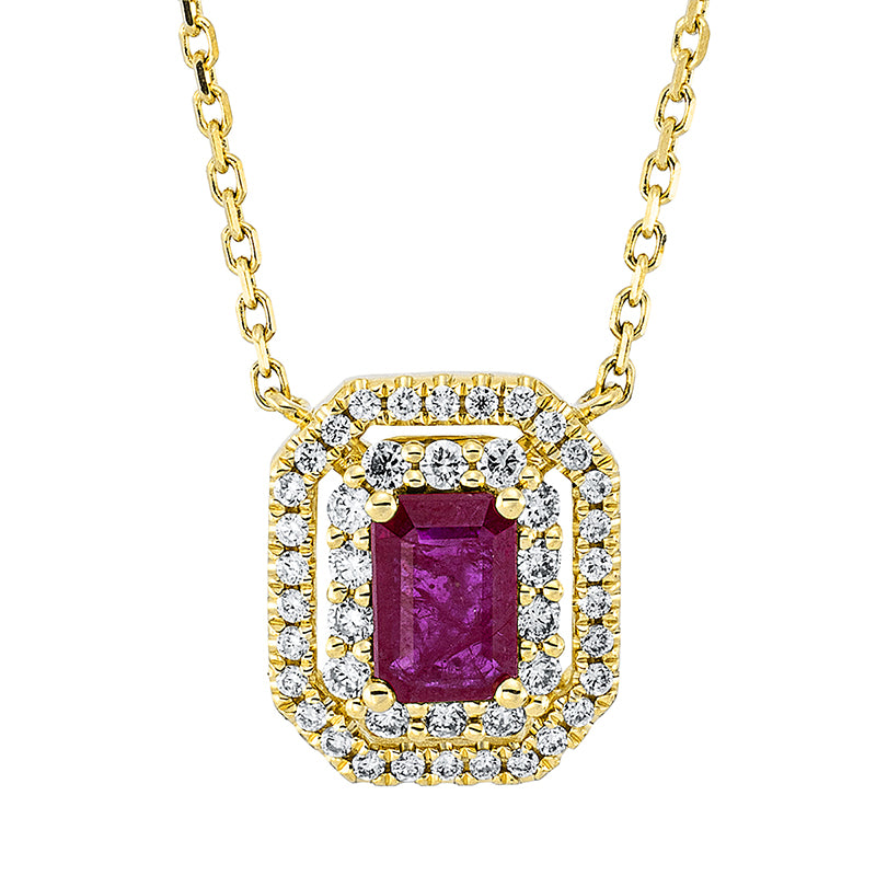 Collier 18 kt GG, mit ZÖ 40 + 43 cm, 14 Brill. 0,20 ct, TW-si, 30 Brill. 0,15 ct, TW-si, 1 Rubin 0,58 ct rot