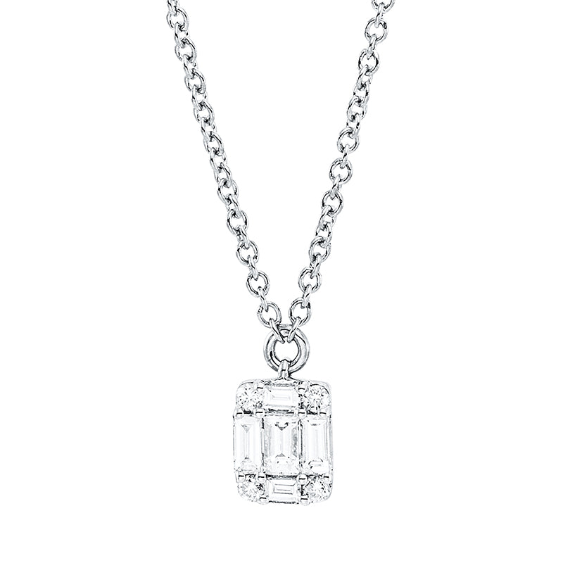 Collier 18 kt WG, mit ZÖ 40 cm + 43 cm, 5 Bag. 0,11 ct, TW-si, 4 Brill. 0,02 ct, TW-si