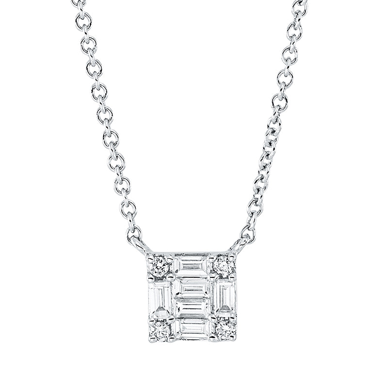 Collier 18 kt WG, mit ZÖ 40 cm + 43 cm, 6 Bag. 0,11 ct, TW-si, 4 Brill. 0,02 ct, TW-si