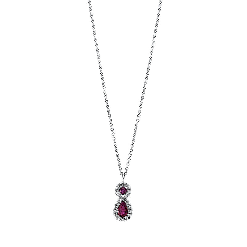 Collier 18 kt WG, mit ZÖ 40 cm + 43 cm, 22 Brill. 0,11 ct, TW-si, 2 Rubine 0,34 ct rot