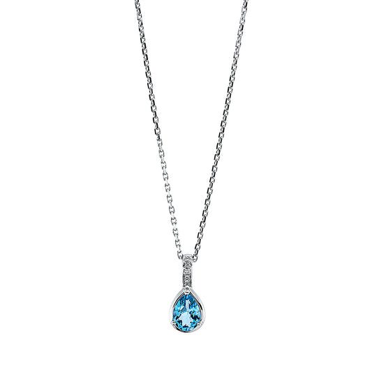 Collier 18 kt WG, mit ZÖ 40 cm + 43 cm, 5 Brill. 0,03 ct, TW-si, 1 Topas 0,83 ct blau