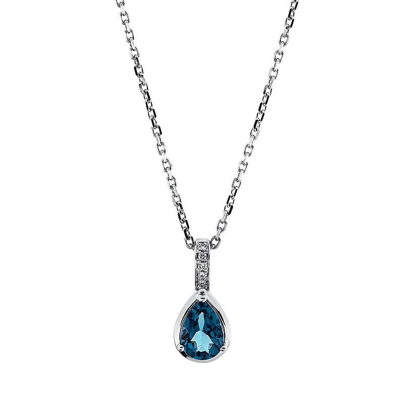 Collier 18 kt WG, mit ZÖ 40 cm + 43 cm, 5 Brill. 0,03 ct, TW-si, 1 Topas 0,82 ct Lond. blue