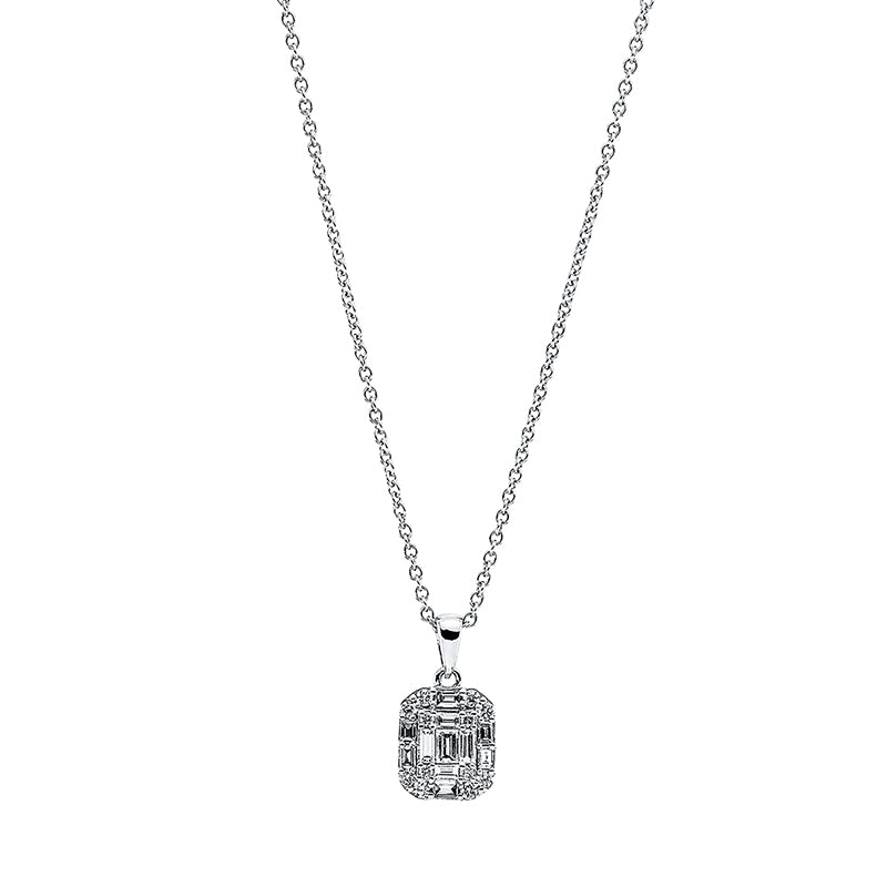Collier 18 kt WG, mit ZÖ 42 cm, 8 Bag. 0,15 ct, TW-si, 3 Bag. 0,11 ct, TW-si, 12 Brill. 0,11 ct, TW-si