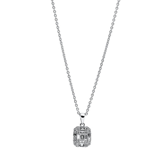 Collier 18 kt WG, mit ZÖ 42 cm, 8 Bag. 0,15 ct, TW-si, 3 Bag. 0,12 ct, TW-si, 12 Brill. 0,10 ct, TW-si