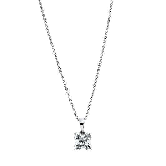 Collier 18 kt WG, mit ZÖ 42 cm, 4 Bag. 0,24 ct, TW-si, 4 Princ. 0,16 ct, TW-si, 4 Brill. 0,06 ct, TW-si