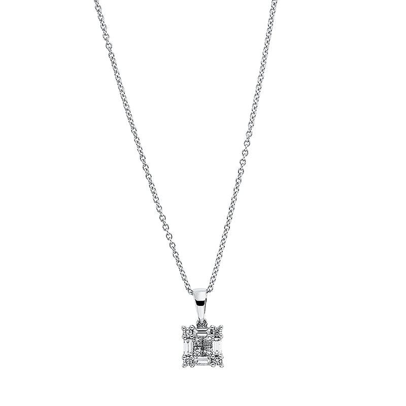 Collier 18 kt WG, mit ZÖ 42 cm, 4 Bag. 0,24 ct, TW-si, 4 Princ. 0,16 ct, TW-si, 4 Brill. 0,06 ct, TW-si