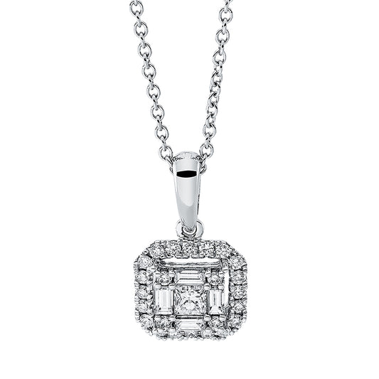 Collier 18 kt WG, mit ZÖ 42 cm, 4 Bag. 0,14 ct, TW-si, 1 Princ. 0,12 ct, TW-si, 24 Brill. 0,17 ct, TW-si