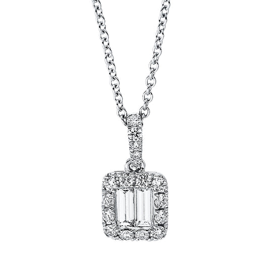 Collier 18 kt WG, mit ZÖ 42 cm, 2 Bag. 0,28 ct, TW-si, 17 Brill. 0,21 ct, TW-si