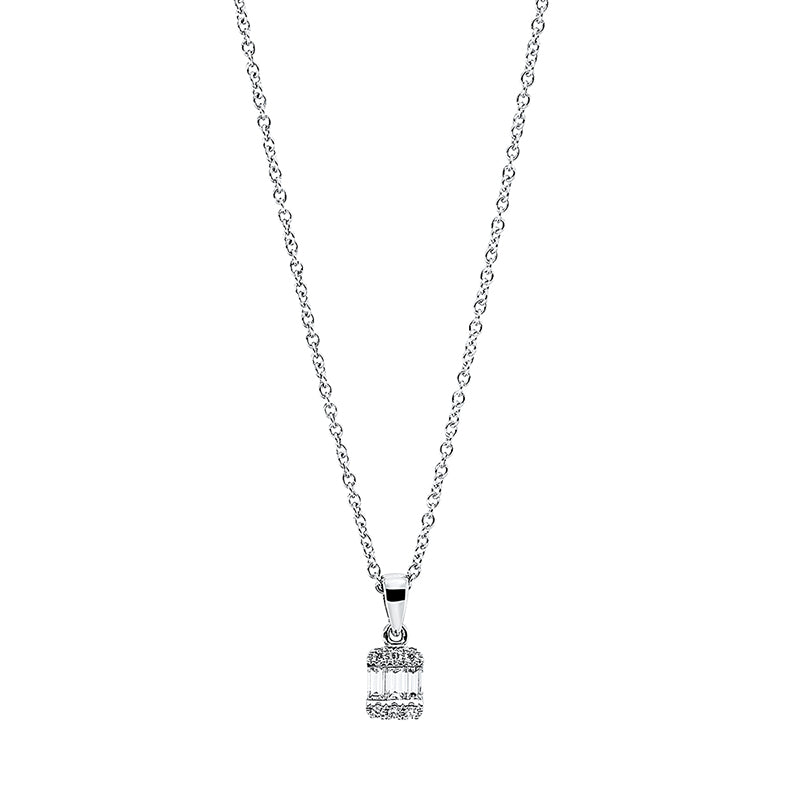 Collier 18 kt WG, mit ZÖ 42 cm, 3 Bag. 0,15 ct, TW-si, 6 Brill. 0,03 ct, TW-si