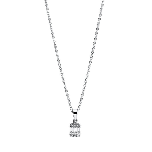 Collier 18 kt WG, mit ZÖ 42 cm, 3 Bag. 0,15 ct, TW-si, 6 Brill. 0,03 ct, TW-si