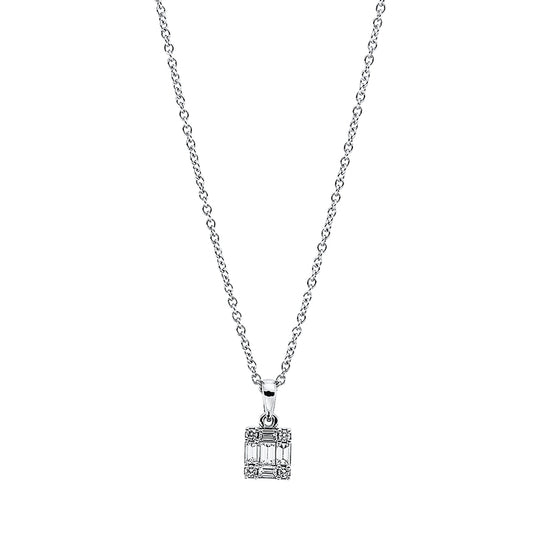 Collier 18 kt WG, mit ZÖ 42 cm, 2 Bag. 0,07 ct, TW-si, 3 Bag. 0,15 ct, TW-si, 4 Brill. 0,04 ct, TW-si