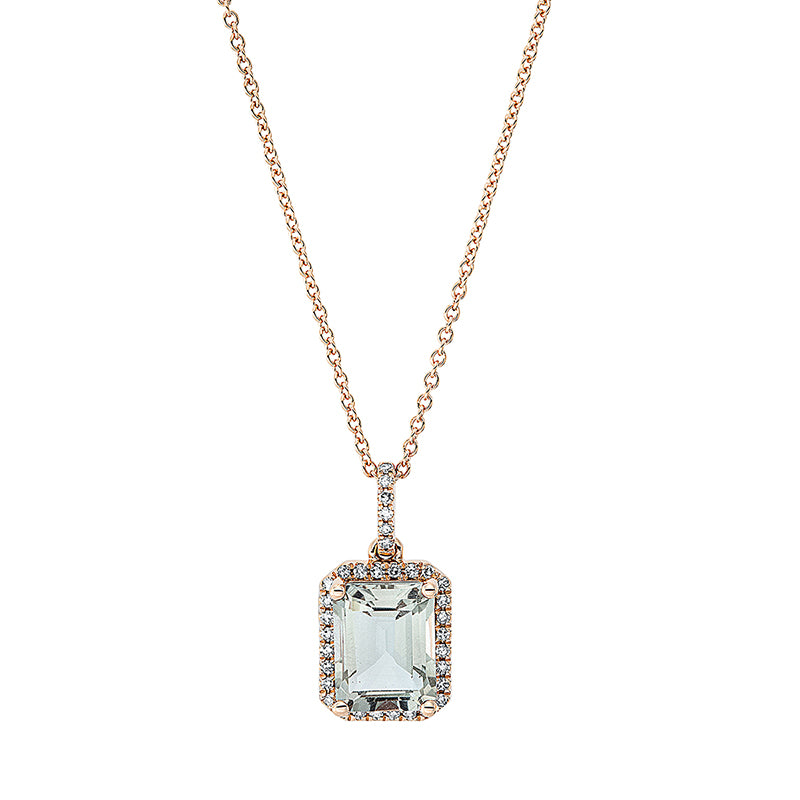 Collier 18 kt RG, mit ZÖ 42 cm, 34 Dia. 0,14 ct, TW-si, 1 Amethyst 2,32 ct grün