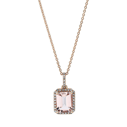 Collier 18 kt RG, mit ZÖ 42 cm, 34 Dia. 0,14 ct, TW-si, 1 Morganit 1,87 ct rosa