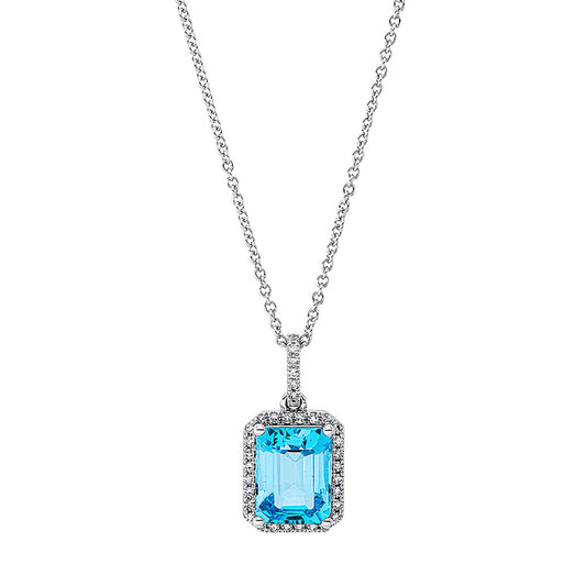 Collier 18 kt WG, mit ZÖ 42 cm, 34 Dia. 0,14 ct, TW-si, 1 Topas 2,97 ct blau