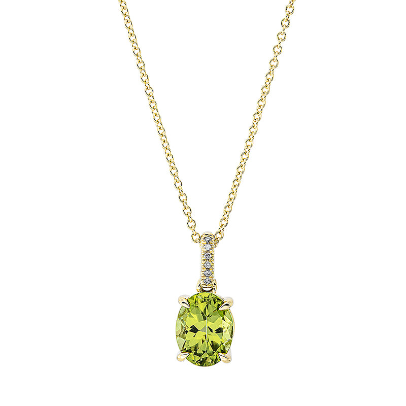 Collier 18 kt GG, mit ZÖ 42 cm, 6 Dia. 0,02 ct, TW-si, 1 Peridot 2,08 ct grün