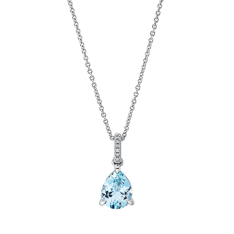 Collier 18 kt WG, mit ZÖ 42 cm, 6 Dia. 0,02 ct, TW-si, 1 Aquamarin 1,37 ct blau