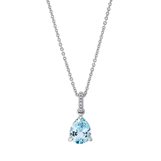 Collier 18 kt WG, mit ZÖ 42 cm, 6 Dia. 0,02 ct, TW-si, 1 Aquamarin 1,37 ct blau