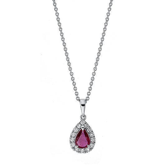 Collier 18 kt WG, mit ZÖ 42 cm, 14 Brill. 0,25 ct, TW-si, 1 Rubin 0,59 ct rot