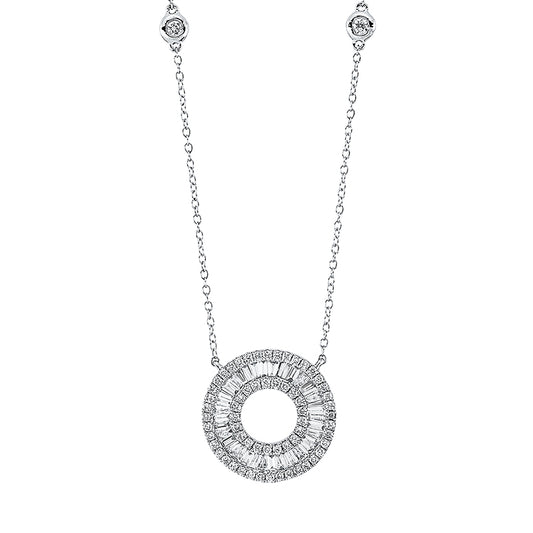 Collier 18 kt WG, mit ZÖ 38 cm + 41 cm, 28 Trap. 0,35 ct, TW-si, 9 Bag. 0,13 ct, TW-si, 63 Brill. 0,34 ct, TW-si