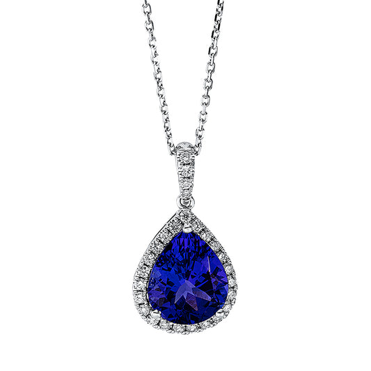 Collier 18 kt WG, mit ZÖ 40 cm + 43 cm, 30 Brill. 0,28 ct, TW-si, 1 Tansanit 3,62 ct blau