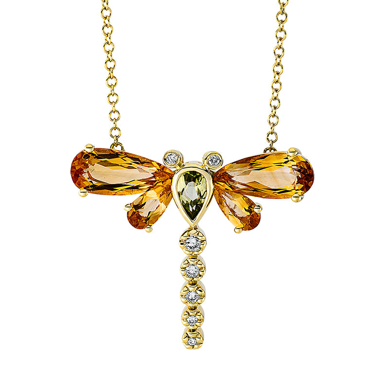 Collier 18 kt GG, mit ZÖ 40 cm, 7 Brill. 0,08 ct, TW-si, 1 Peridot 0,30 ct grün, 4 Citrin 2,10 ct gelb
