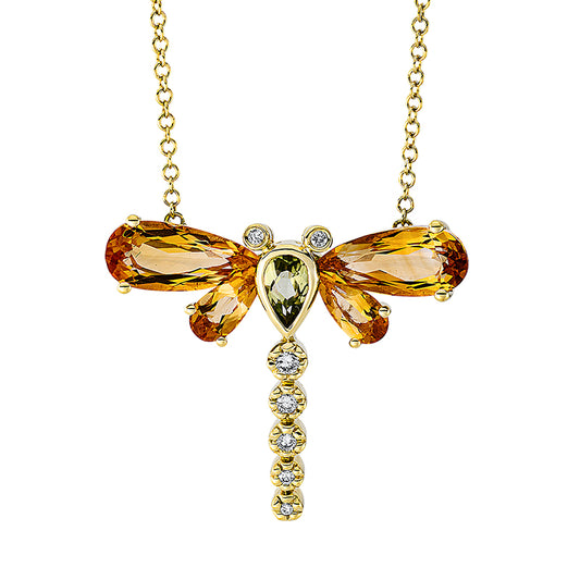 Collier 18 kt GG, mit ZÖ 40 cm, 7 Brill. 0,08 ct, TW-si, 1 Peridot 0,30 ct grün, 4 Citrin 2,10 ct gelb