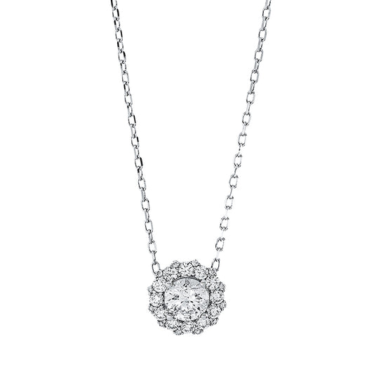 Collier 18 kt WG, mit ZÖ 40 cm + 43 cm, 12 Brill. 0,28 ct, TW-si, 1 Brill. 0,60 ct, TW-pi, 12 Brill. 0,04 ct, TW-si