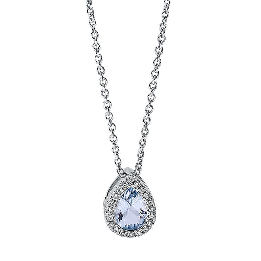 Collier 18 kt WG, mit ZÖ 40 cm, 20 Brill. 0,10 ct, TW-si, 1 Aquamarin 0,57 ct blau