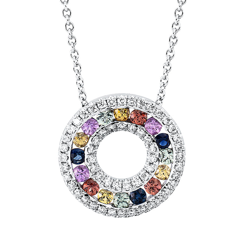 Collier 18 kt WG, mit ZÖ 42 cm, 55 Brill. 0,30 ct, TW-si, 16 Saphire 0,67 ct multicolor