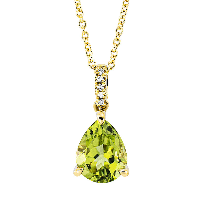 Collier 18 kt GG, mit ZÖ 42 cm, 5 Dia. 0,02 ct, TW-si, 1 Peridot 1,85 ct grün