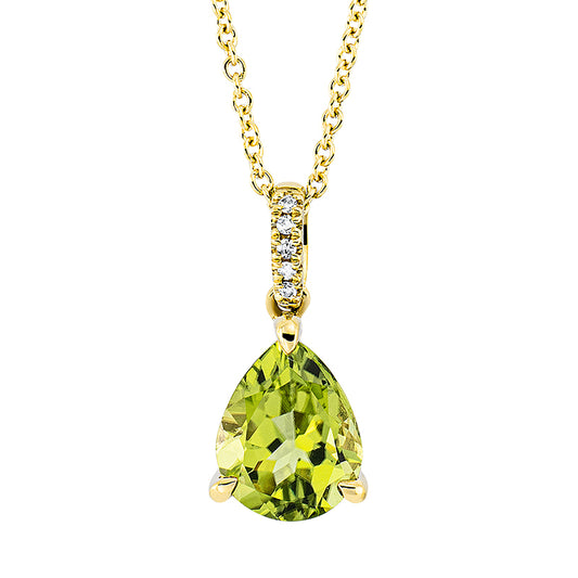 Collier 18 kt GG, mit ZÖ 42 cm, 5 Dia. 0,02 ct, TW-si, 1 Peridot 1,85 ct grün