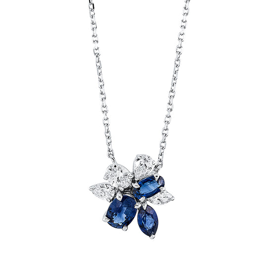 Collier 18 kt WG, mit ZÖ, 1 Oval 0,19 ct, 1 Nav. 0,09 ct, 2 Tropfen 0,20 ct, TW-si, 3 Saphire 1,32 ct