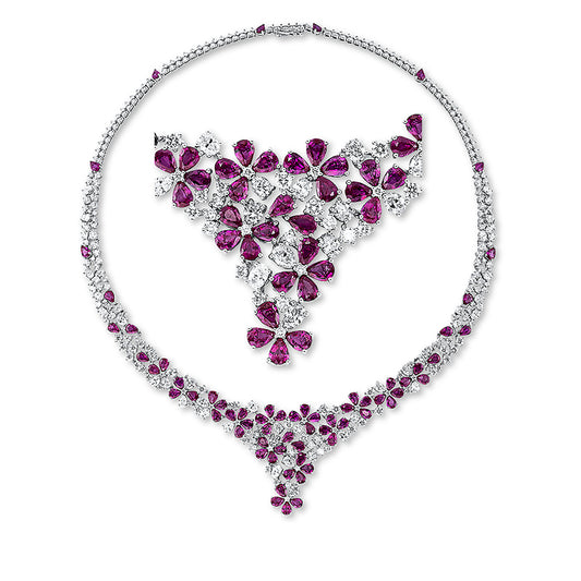 ABVERKAUF, Collier 18 kt WG, 39 Oval 5,84 ct, TW-si, 255 Brill. 9,19 ct, TW-si, 65 Rubine 19,62 ct rot