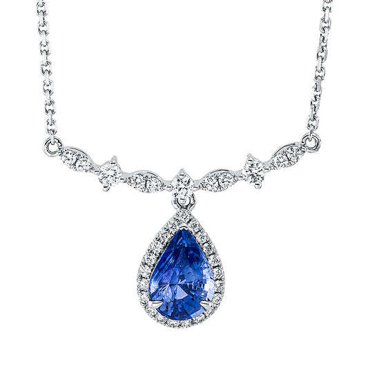 Collier 18 kt WG, 3 Brill. 0,12 ct, TW-si, 29 Brill. 0,19 ct, TW-si, 1 Saphir 1,67 ct blau