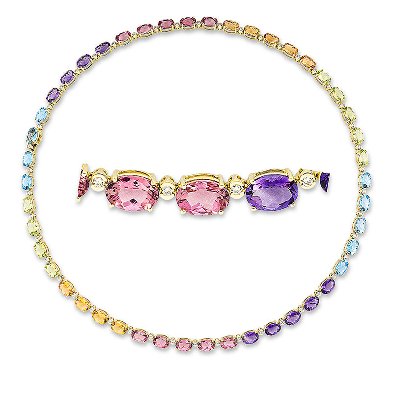 Collier 18 kt GG, 46 Brill. 0,70 ct, TW-si, 36 Farbsteine 27,10 ct multicolor, 10 Turmalin 8,10 ct pink