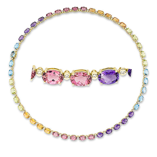 Collier 18 kt GG, 46 Brill. 0,70 ct, TW-si, 36 Farbsteine 26,90 ct multicolor, 10 Turmalin 8,10 ct pink