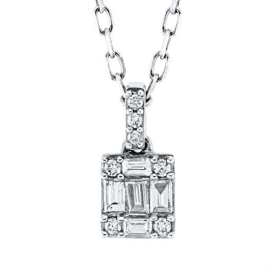 Collier 18 kt WG, ZÖ 40,6+43 cm, 5 Bag. 0,07 ct, TW-vsi, 7 Brill. 0,02 ct, TW-si