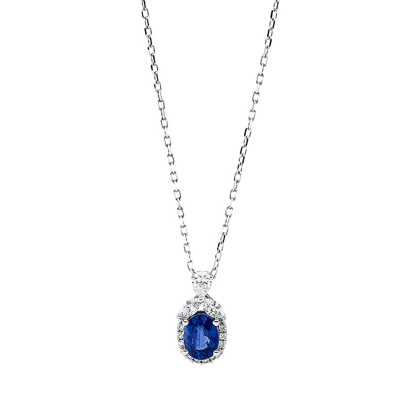 Collier 18 kt WG, mit ZÖ 40 cm + 43 cm, 2 Nav. 0,16 ct, TW-vsi, 1 Tropfen 0,11 ct, TW-vsi, 12 Brill. 0,06 ct, TW-pi, 1 Saphir 1,32 ct blau