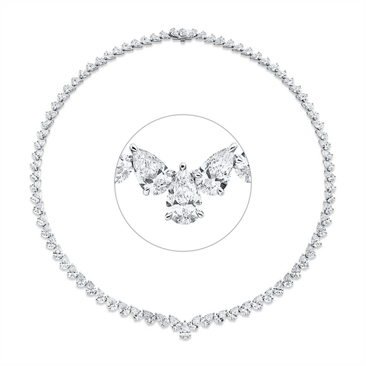 Collier 18 kt WG, 6 Tropfen 2,52 ct, 22 Tropfen 11,02 ct, 6 Tropfen 3,54ct,48 Tropfen 11,79ct, F-vvs