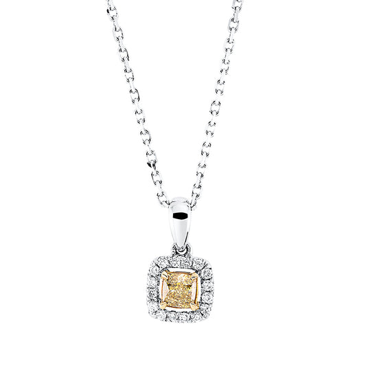 Collier 18 kt WG+GG, mit ZÖ 39 cm, 40,5cm, 16 Brill. 0,07 ct, TW-si, 1 Cushion 0,20 ct, gelb