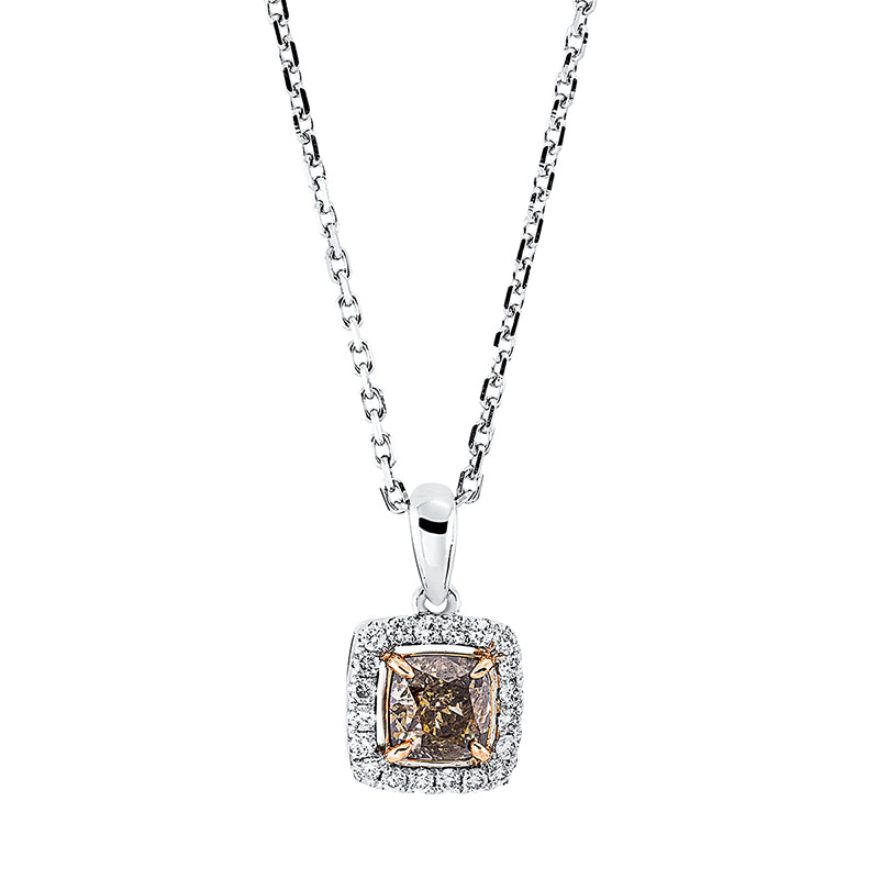 Collier 18 kt WG+RG, mit ZÖ 39 cm, 1 Cushion 0,55 ct, braun, 20 Brill. 0,11 ct, TW-si