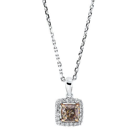 Collier 18 kt WG+RG, mit ZÖ 39 cm, 1 Cushion 0,55 ct, braun, 20 Brill. 0,11 ct, TW-si