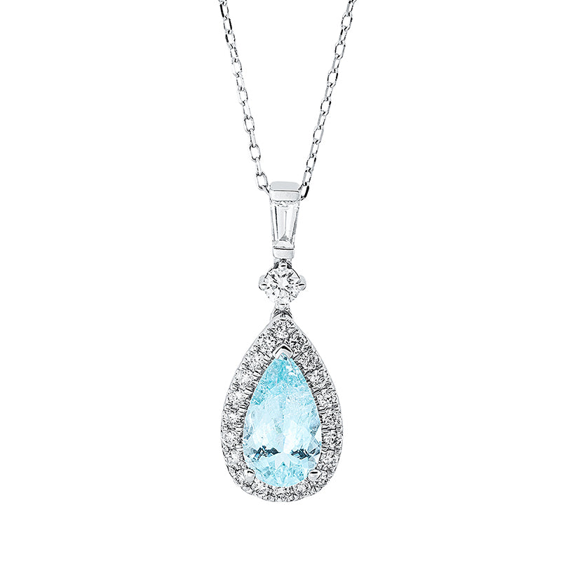 Collier 18 kt WG, mit ZÖ 40 cm + 43 cm, 1 Trap. 0,09 ct, TW-si, 21 Brill. 0,27 ct, TW-si, 1 Paraiba 1,20 ct blau
