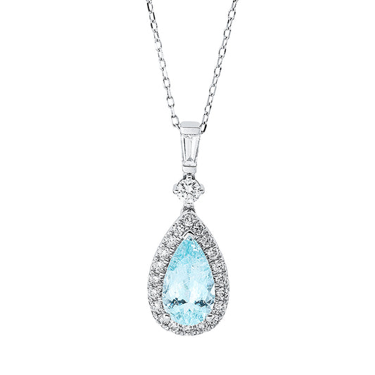 Collier 18 kt WG, mit ZÖ 40 cm + 43 cm, 1 Trap. 0,09 ct, TW-si, 21 Brill. 0,27 ct, TW-si, 1 Paraiba 1,20 ct blau