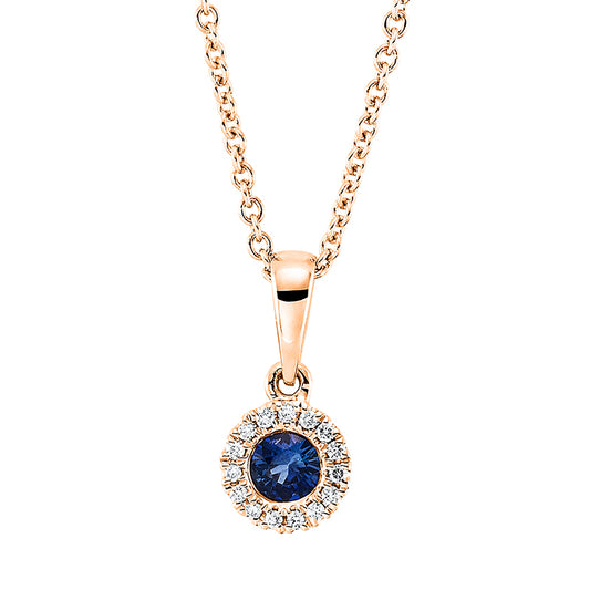 Collier 18 kt RG, mit ZÖ 42 cm, 15 Brill. 0,04 ct, TW-si, 1 Saphir 0,17 ct blau